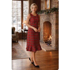 Talbots Red Tartan Holiday Plaid flounce Hem Sheath Dress